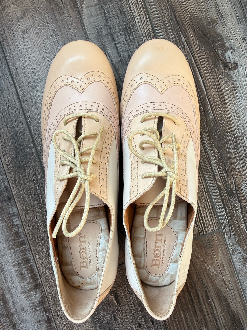 Born Two-Tone Leather Wingtip Oxfords in Blush and Cream - Picture 5 of 11
